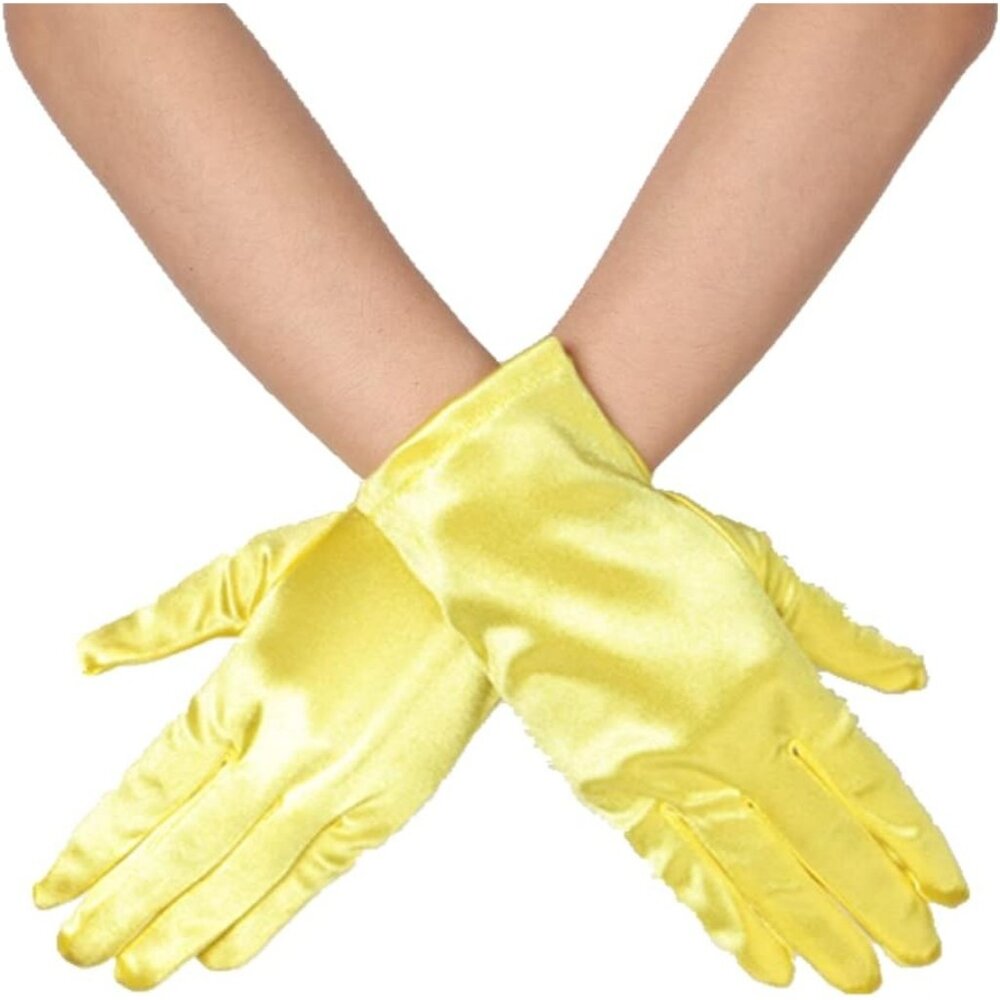 Women's Yellow Vintage Short Length Satin Fabric Mittens Wrist Gloves Designed